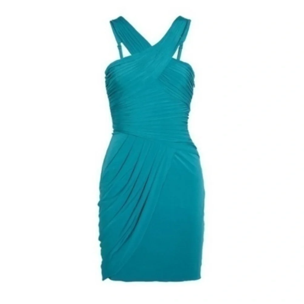 BCBGMaxazria Helyn Blue Jade gathered halter bodycon dress